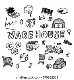 Hand draw warehouse business doodles icon set for global transportation import,export and logistic business concept.