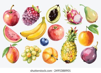 Dibujo a mano Acuarela Variedades de fruta conjunto 