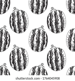 Hand draw watermelon seamless pattern, isolated on white background.  Realistic fruits in technique vintage engraving. Black and white. Vector illustration art. Hand drawing. Kitchen design with food.