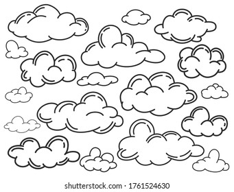 Hand draw the weather collection. Flat style vector illustration. Clouds doodle set. Outline stylized cloudscape in the sky.