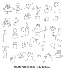 Hand draw wedding icons set. Wedding and party outline icons set.  Set of  design elements for  greeting cards, invitations, wedding love. Flat vector.