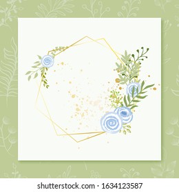Hand Draw Wedding Invitation Card with Spring Flower and Golden Frame