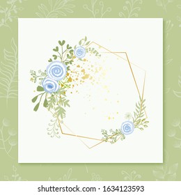Hand Draw Wedding Invitation Card with Spring Flower and Golden Frame