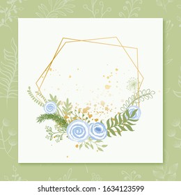Hand Draw Wedding Invitation Card with Spring Flower and Golden Frame