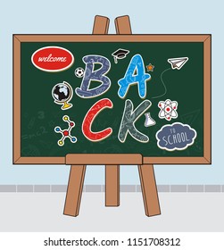 Hand draw Welcome Back to school on blackboard