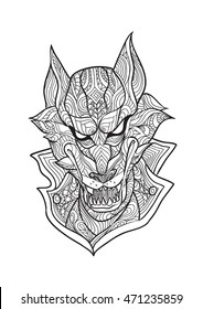 Hand draw of werewolf head in zentangle style
