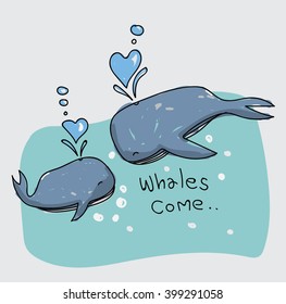 hand draw whales in love, sea or ocean