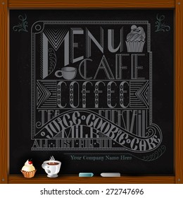 hand draw white chalk on board cup of tea or coffee with cake cafe advertising or menu