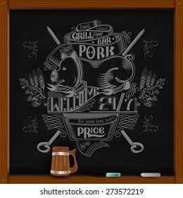 hand draw white chalk on board pork on skewer grill bar advertising or menu