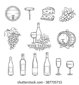  Hand draw wine icons set on white. Decorative wine icons . Monochrome icons wine in old style for the design of wine labels cards brochures. Wine vector illustration. 
