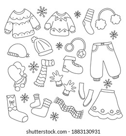 Hand draw winter clothes, sweater, socks, gloves, skirt, trousers and snowflakes l