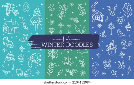 Hand draw winter doodles with blue and white color pack