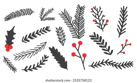 Hand draw winter floral set. Branches, leaves and berries on isolated background. Doodle vector decorative collection.	