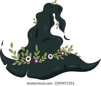 Hand draw Witch's hat in cartoon style with leaves and shieldstone.Green and black colors.Vector,