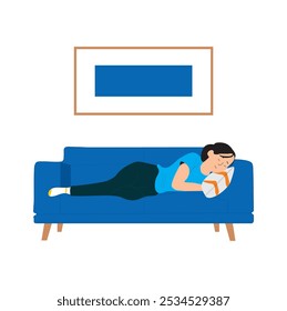 Hand draw woman sleeping in a blue couch on a white background  