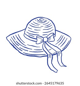 Hand draw women's summer hat with bow vector illustration. Beach headgear in doodle style 