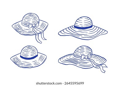 Hand draw women's summer hat with bow vector illustration. Beach headgear set on white background