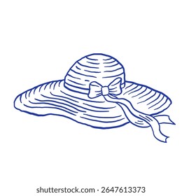 
Hand draw women's summer hat with bow vector illustration. Beach headgear in doodle style isolated on white background