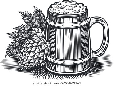 Hand draw wooden mug of beer hops