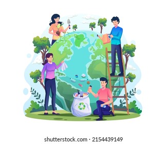 Hand Draw World Environment Day concept with People taking care of the earth. Save the planet, save energy. Earth Day concept. Flat style vector illustration