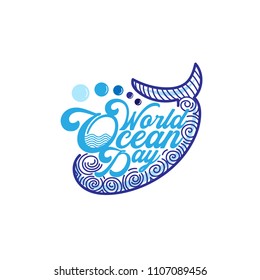 Hand Draw World Ocean Day On White  Background. Vector Illustration.