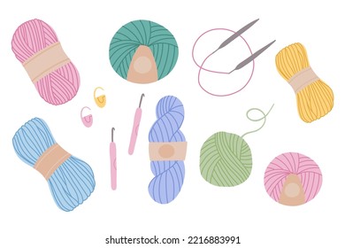 Hand draw yarn and thread set.Wool yarn, hook or needles for handicraft. Craft tools and materials.Balls of yarn, wool colorful illustration.