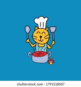 Hand draw yellow cute cat wear white chef hat cooking red tomato soup in hot pot on blue background.