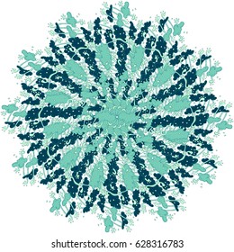 Hand draw zentangle mandala with clouds and swirls. Colors is blue and dark blue. Yellow dottes. For post card and invitation.