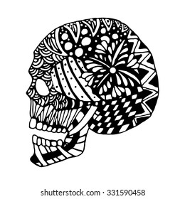 hand draw zentangle skull, for decoration, cards, posters, coloring books for Day of the Dead celebrations, Halloweenon a white background