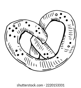Hand drawb tasty pretzel illustration on  white  background.