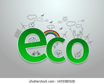 Hand draw,Ecology concept, Creative drawing on green ECO  with happy family .