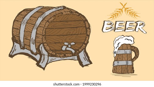 Hand drawen barrel of beer and glass. Craft beer calligraphy design and minimal vector illustration of different type of beers. Oktoberfest equipment. Restaurant illustration