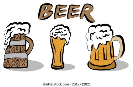 Hand drawen Beer glasses. Craft beer calligraphy design and minimal vector illustration of different type of beers. Oktoberfest equipment. Restaurant illustration