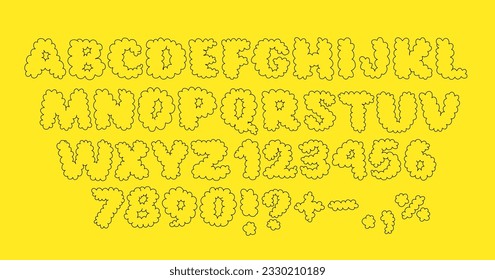 Hand Drawig Cloud Alphabet. Cartoon Letters in simple kids drawn style. Trendy Retro Y2k Bubble Outline alphabet set. Funny Childish Latin Font. Vector Illustration 