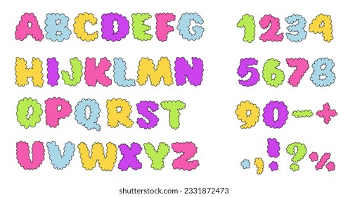 Hand Drawig Cloud Alphabet. Cartoon Letters in simple kids drawn style. Trendy Retro Y2k Bubble alphabet set. Funny Childish Latin Font. Vector Illustration 