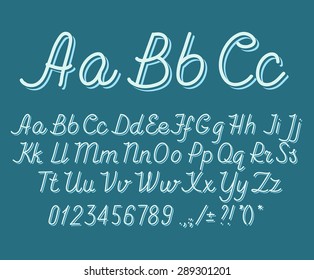 Hand drawin alphabet handwritting abc vector font. Italic type letters, numbers and punctuation marks