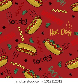 Hand drawind hot dog vector pattern on red background