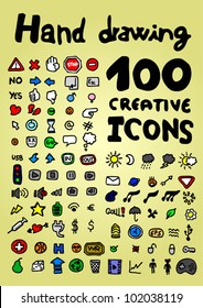 Hand drawing 100 color icons