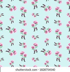 Hand Drawing Abstract Ditsy Flowers and Leaves Bouquets with Ribbons Repeating Vector Pattern Isolated Background