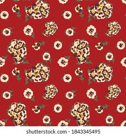 Hand Drawing Abstract Ditsy Flowers and Leaves Repeating Vector Pattern Isolated Background