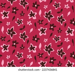 Hand Drawing Abstract Ditsy Flowers and Leaves Repeating Vector Pattern Isolated Background