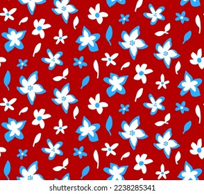 Hand Drawing Abstract Ditsy Flowers and Leaves Repeating Vector Pattern Isolated Background