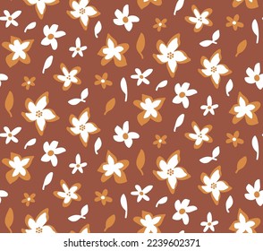 Hand Drawing Abstract Ditsy Flowers and Leaves Repeating Vector Pattern Isolated Background