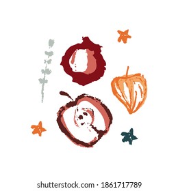 Hand drawing abstract elements of the autumn season. Warm colors, stylish compositions of leaves, mushrooms, cones, berries. Autumn mood, cozy autumn and minimal design. Vector illustration