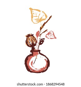 Hand drawing abstract elements of the autumn season. Warm colors, stylish  composition of a vase and dried flowers, branches or autumn plants. Autumn mood, cozy autumn and minimal design. Vector 10