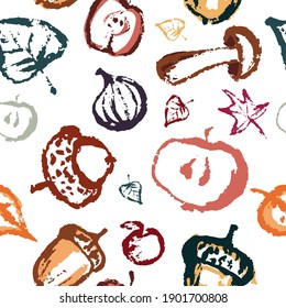 Hand drawing abstract elements of the autumn season. Seamless pattern of leaves, fruits and mushrooms. Autumn mood, cozy autumn and minimal design. Vector illustration