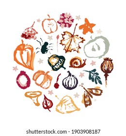 Hand drawing abstract elements of the autumn season. Warm colors, stylish circle compositions of leaves, mushrooms, cones, berries. Autumn mood, cozy autumn and minimal design. Vector illustration