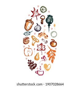 Hand drawing abstract elements of the autumn season. Warm colors, stylish oval compositions of leaves, mushrooms, cones, berries. Autumn mood, cozy autumn and minimal design. Vector illustration