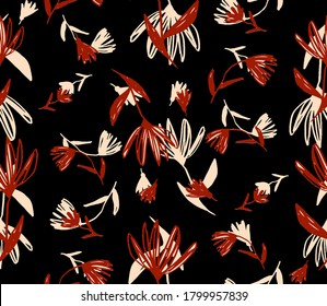 Hand Drawing Abstract Exotic Flowers and Leaves Sketch Repeating Vector Pattern Isolated Background