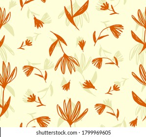 Hand Drawing Abstract Exotic Flowers and Leaves Sketch Repeating Vector Pattern Isolated Background